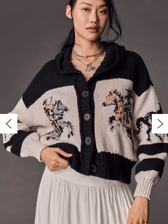 Pilcro Sweaters - Pilcro Black and Cream Horse Intarsia Buttoned Cardigan